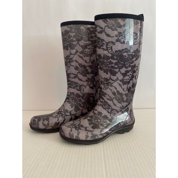 Kamik Tall Rubber Rain Boots Wellies Black Lace Print Womens Size 8 - Picture 1 of 11